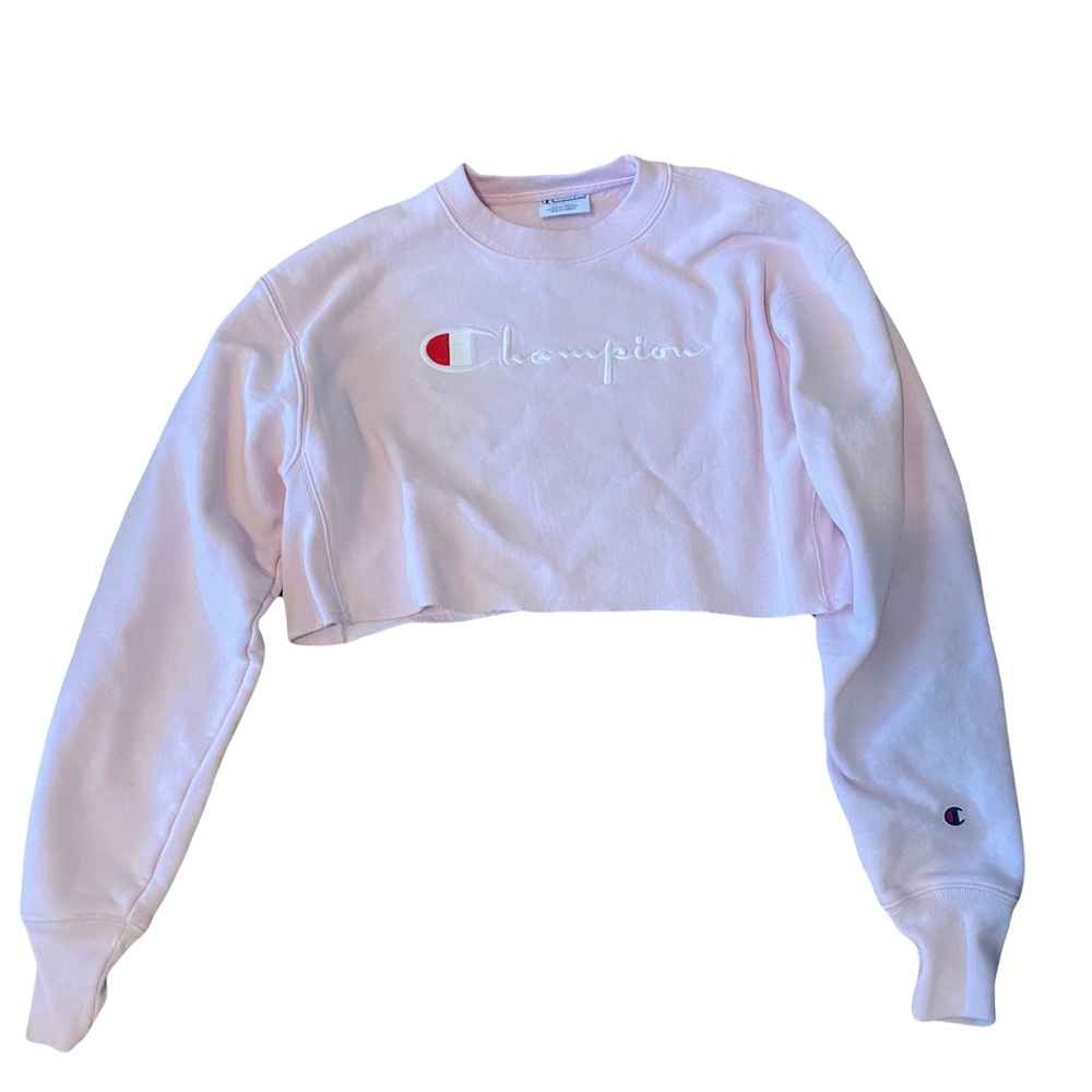 Pink cropped Champion crewneck hoodie